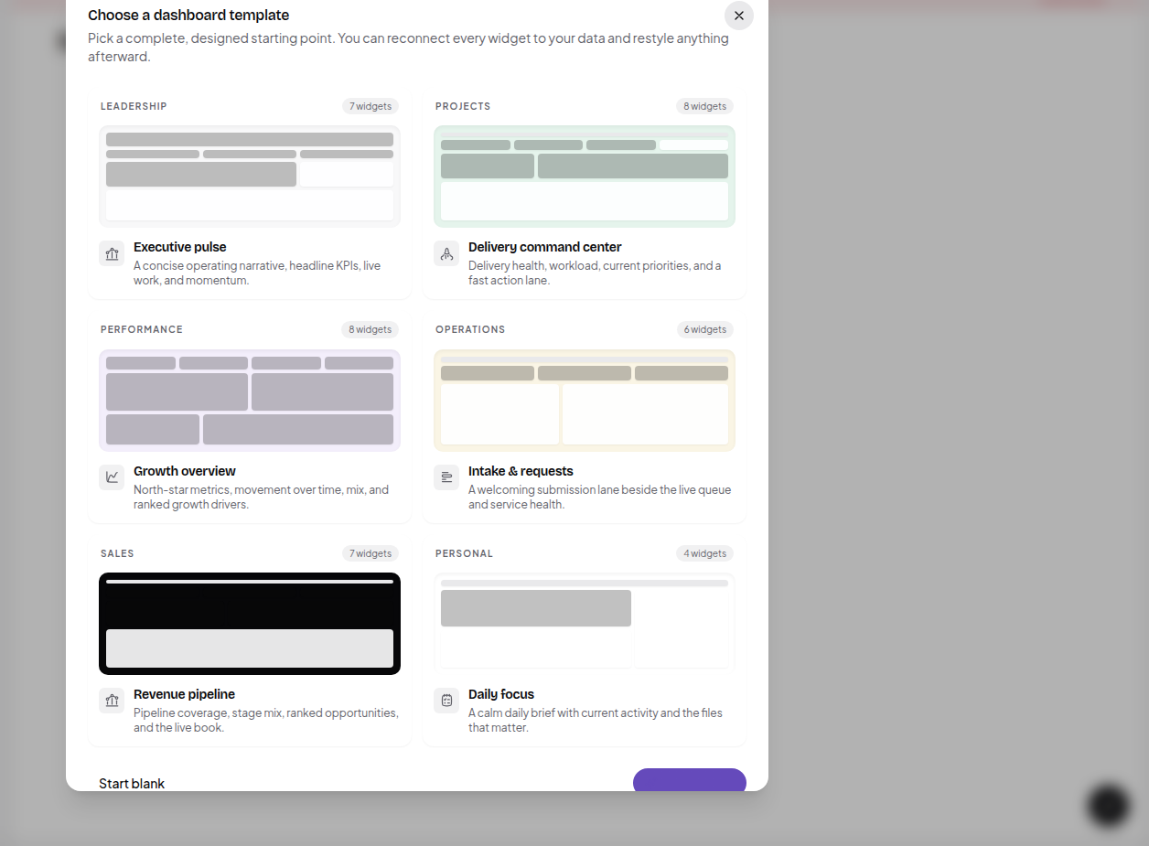 The dashboard setup screen