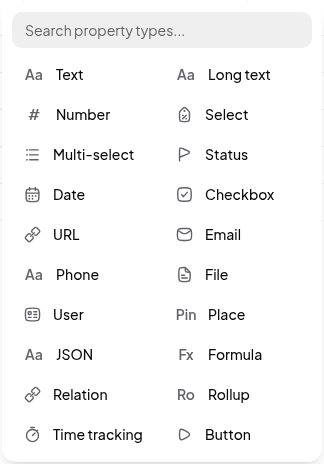 The property type picker, showing every field type