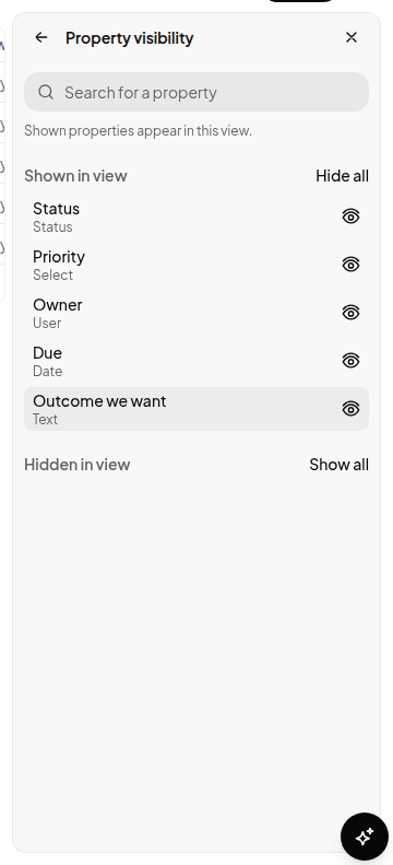 The Properties panel, toggling which fields show in this view