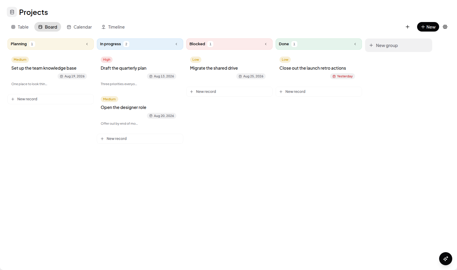 A board view: cards in Planning, In progress, Blocked, and Done columns, each column showing its record count