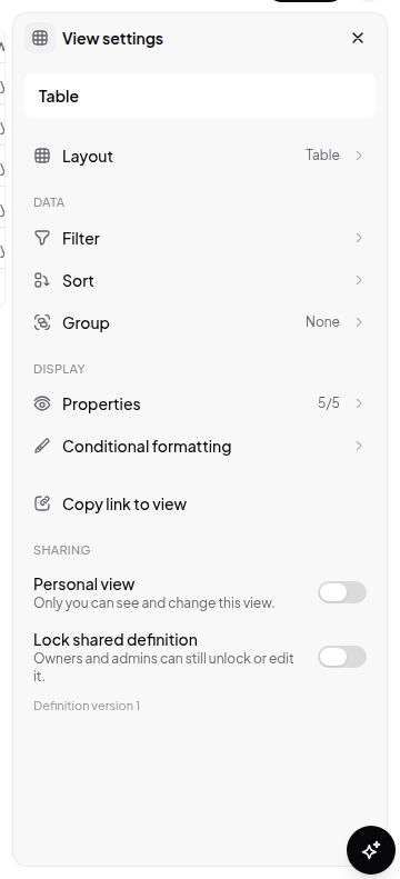 The view settings panel, with Data and Display sections